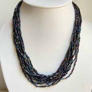 Black iridescent peacock multistrand glass bugle bead necklace with barrel clasp